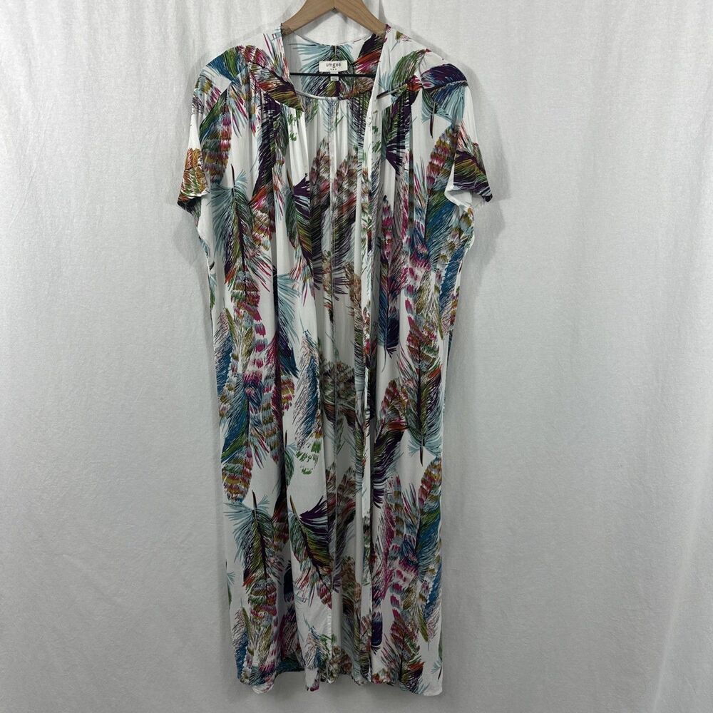 Umgee Boho Colorful Feathers Short Sleeve Kimono Duster Cover-up Womens Size S